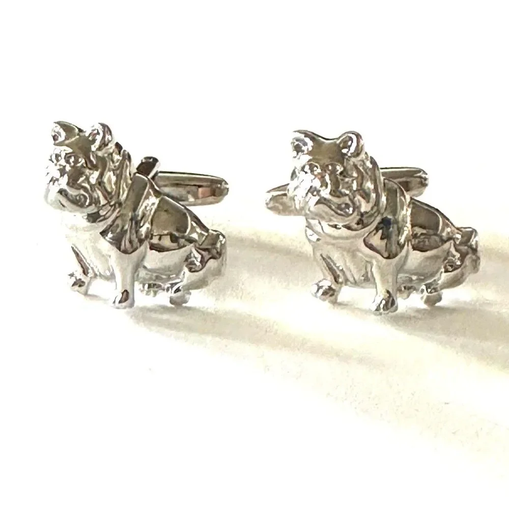 Polished Silver Tone Sitting Bulldog Full Body Cufflinks